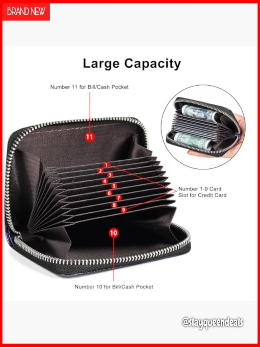 RFID Blocking Zipper Card Case Wallet, 9 Slots Accordion Organizer, PU Leather